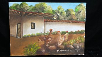 Barnyard Painting Of Chickens In Yard