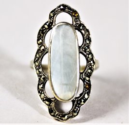 Sterling Silver Oval Mother Of Pearl Marcasite Ladies Ring Size 7