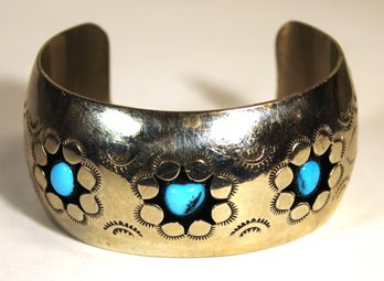 Vintage Silver Southwestern Cuff Bracelet Having Recessed Turquoise Stones