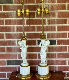 Pair Of Signed Vintage French Neoclassical  Lamps After E.M Falconet 30' Tall