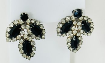 VINTAGE SILVER TONE BLACK AND WHITE RHINESTONE EARRINGS