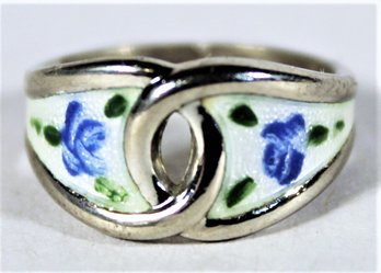 Sterling Silver And Blue And White Enamel Flower Ring Size 5