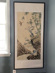 Beautiful Signed Chinese Painting On Silk Floral Birds Bamboo 29x63 Framed Plexiglass