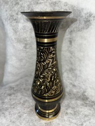 Vintage Brass Etched Vase Black Gold