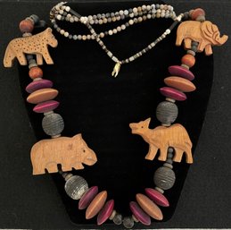 Vintage Jewelry Necklace Lot 2 - Carved Wooden Animals - Natural Dark Colors - Semi Precious Stones - Choker