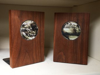 Fantastic Vintage MCM / Midcentury Teak Bookends With Inset Round Tile - Amazing Retro Look - Quality !