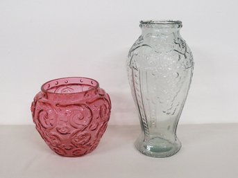Two Goofus Glass Vase & Bowl Vessels - One Likely Fenton Cranberry