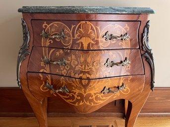 French Louis XV Style Marquetry Bombe Chest With Ormolu Mounts & Marble Top