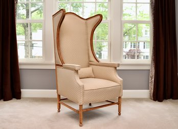 Vintage Narrow High Wing Back Chair Reupholstered In Ecru Diamond With Matching Pillow