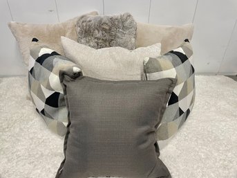 Seven Oatmeal, Grey & Taupe Decorative Pillows Including Multi Color Geometric Pattern