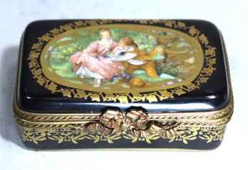 Fine Gold And Cobalt Blue Scenic Courting Scene Limoges Patch Box