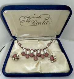 VINTAGE ORIGINALS BY CARLA' PINK AND WHITE RHINESTONE AND SATIN TYPE STONES NECKLACE & SCREWBACK EARRINGS