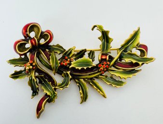 BEAUTIFUL MFA MUSEUM FINE ARTS GOLD TONE HOLLY BERRY BRANCH ENAMEL BROOCH