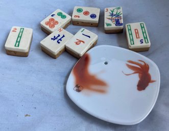 Asian Box, Plate And Lucky Mahjong Tiles