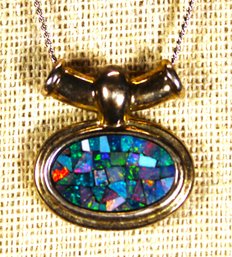 Sterling Silver Necklace W Opal Oval Pendant Chain 14' Long