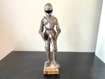 Vintage Tin Full Suit Of Armor 17' Model On Decorated Wood Plinth