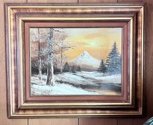 Beautifully Framed Signed Oil On Canvas Winter Mountains Scene