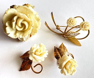 Vintage Carved Bone Rose Jewelry: 2 Brooch Pins & Clip-On Earrings By BSK, Winard & More
