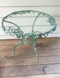 Vintage Green Twisted Wrought Iron Round Side Table With Glass