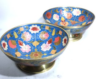Pair Indian Vintage Solid Brass And Enamel Footed Compote Bowls