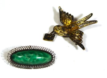 Lot Two Sterling Silver Pins Bird With Letter And Green Stone