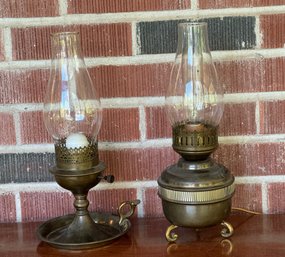 Pair Of Antique Brass Lamps With Hurricane Shades