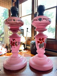 Pair Of Antique Flower Designed Pink Glass Lamp Bases  Originally Oil Fueled - Ready For Conversion