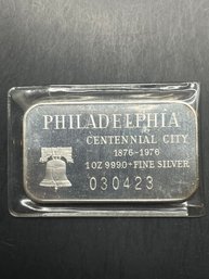 Philadelphia Centennial City One Ounce .999 Fine Silver Bar