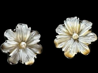 Amy Kahn Russell - Vintage Sterling Silver Mother Of Pearl Flower Earrings With Fresh Water Pearl RARE FIND