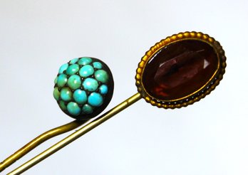 Two Victorian Gold Filled Stickpins Persian Turquoise And Amethyst