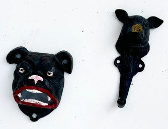 A Vintage Cast Iron Bulldog Beer Cap Opener And Pig Wall Hook