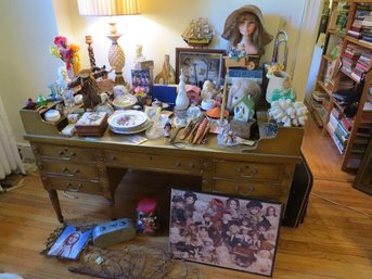 A Large Mahogany Desk/Table And Everything On It, In Front Of It Too!