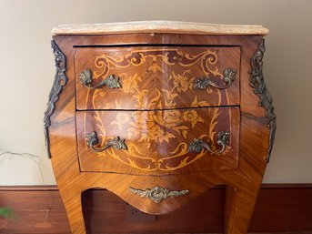 French Louis XV Style Marquetry Bombe Chest With Ormolu Mounts & Marble Top
