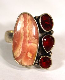 Interesting Sterling Silver Ladies Ring Having Red And Pink Stones Size 8.5