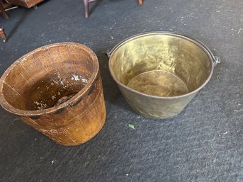 Brass Pot With Metal HandleAnd Wood  Bucket