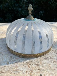 A Striped Frosted Glass Shade And Brass Flush Mounting Lighting Fixture - Vintage