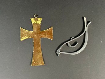 A Pair Of Vintage Pendants: Hammered Cross & Pewter Dove