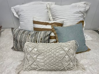 Teal, Brown & Off White Throw Pillows Including Pair Of Euro Shams And Macrame Style Lumbar