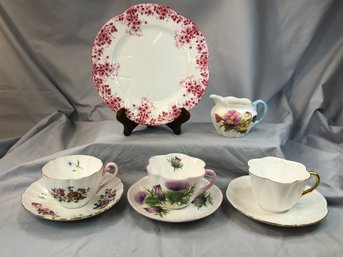 Lovely Lot Of Vintage SHELLEY China - (3) Tea Cups & Saucers -  (1) Dainty Pink Plate - (1) Begonia Creamer