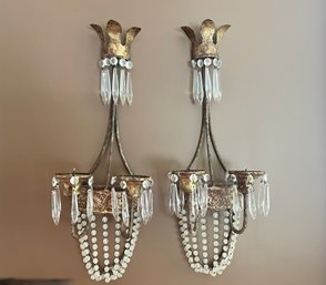 Antiqued French Metal Candle Sconces With Prisms
