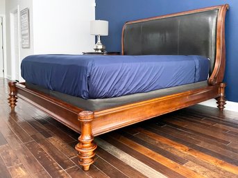 A King Platform Bed With Leather Paneled Headboard And Nailhead Trim 'Heritage,' By Drexel