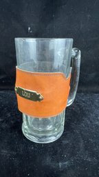 VINTAGE Large Glass Beer Stein Brass Plate Personalized Leather Wrap