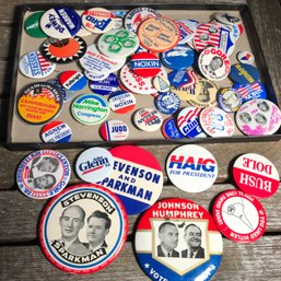 HUGE Lot Of Over 60 Newer & Vintage Political Pins - Nixon - Johnson - Humphrey - Warren - Dewey - Dole - Haig