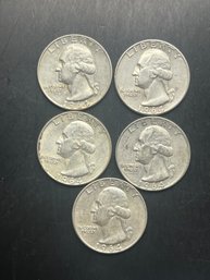 5 Silver Washington Quarters 1964 (2), 1964-D (3)