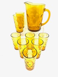 Vintage Mid Century Amber Dot Optic 9 Piece Beverage Set