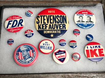 15 Antique / Vintage  Political Pins - Harding - Truman - Eisenhower - Coolidge - Roosevelt - Mac Arthur