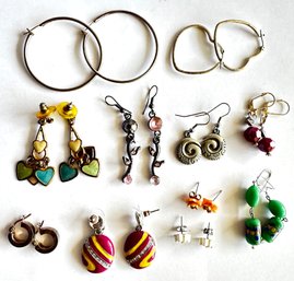 11 Pairs Vintage Earrings Including Tiny Sterling Silver Hoops