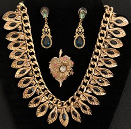 Vintage Jewelry Lot 4 - Gold Tone Leaf Black Stone Choker Necklace - Ornate Earrings Green Stones- Leaf Brooch
