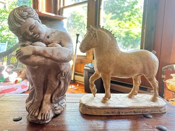 Vintage In- The- Works Horse Sculpture -signed EH Voss & A Beautiful Smiling Sleeping Girl Statue