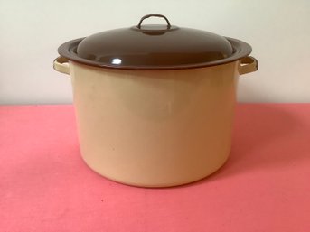 Tan And Brown Enameled Pot With Lid